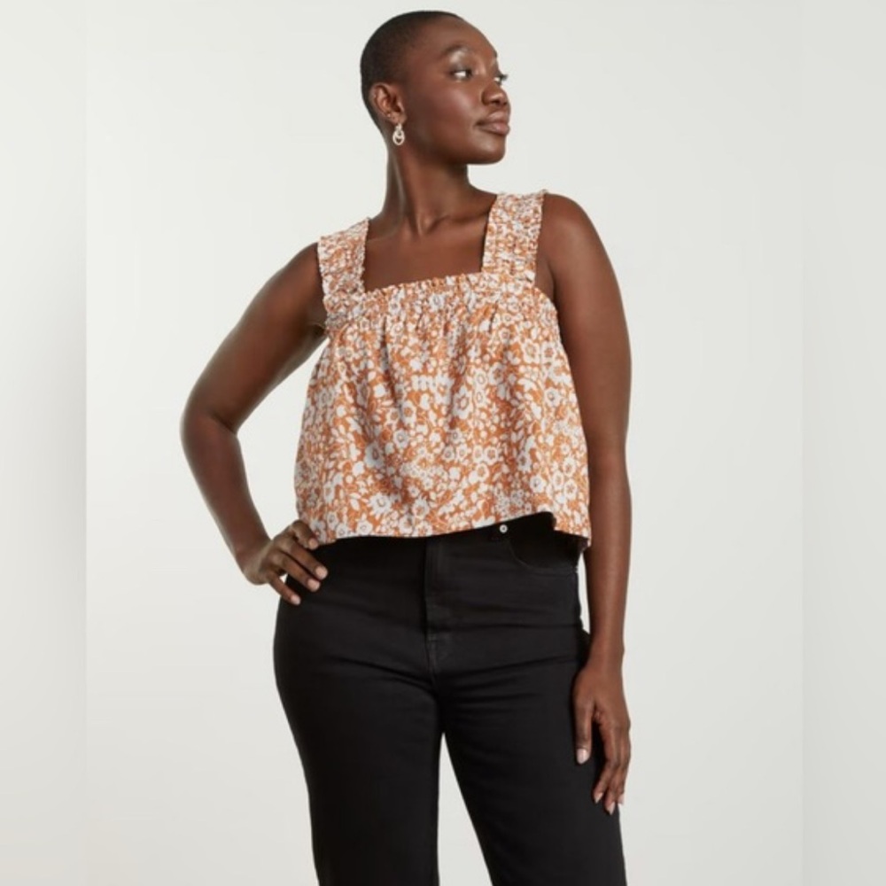 Everlane Womens Top Small Brown Floral Print Smock Linen Sleeveless New